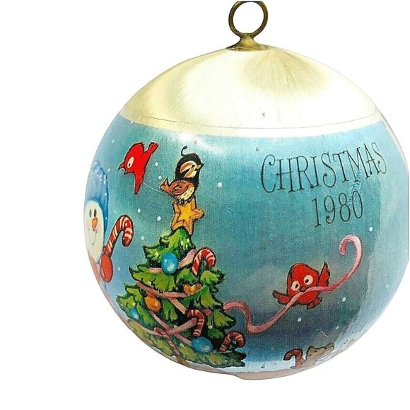 Vintage 1980 Hallmark Grandson Satin Ornament Snowman Tree Raccoons Skating Sled - Picture 6 of 8